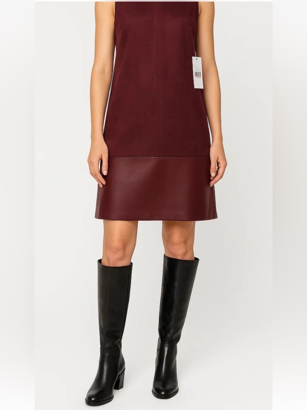NWT Calvin Klein Sleeveless Burgundy Shift Dress, Vegan Suede/Leather, Size 14